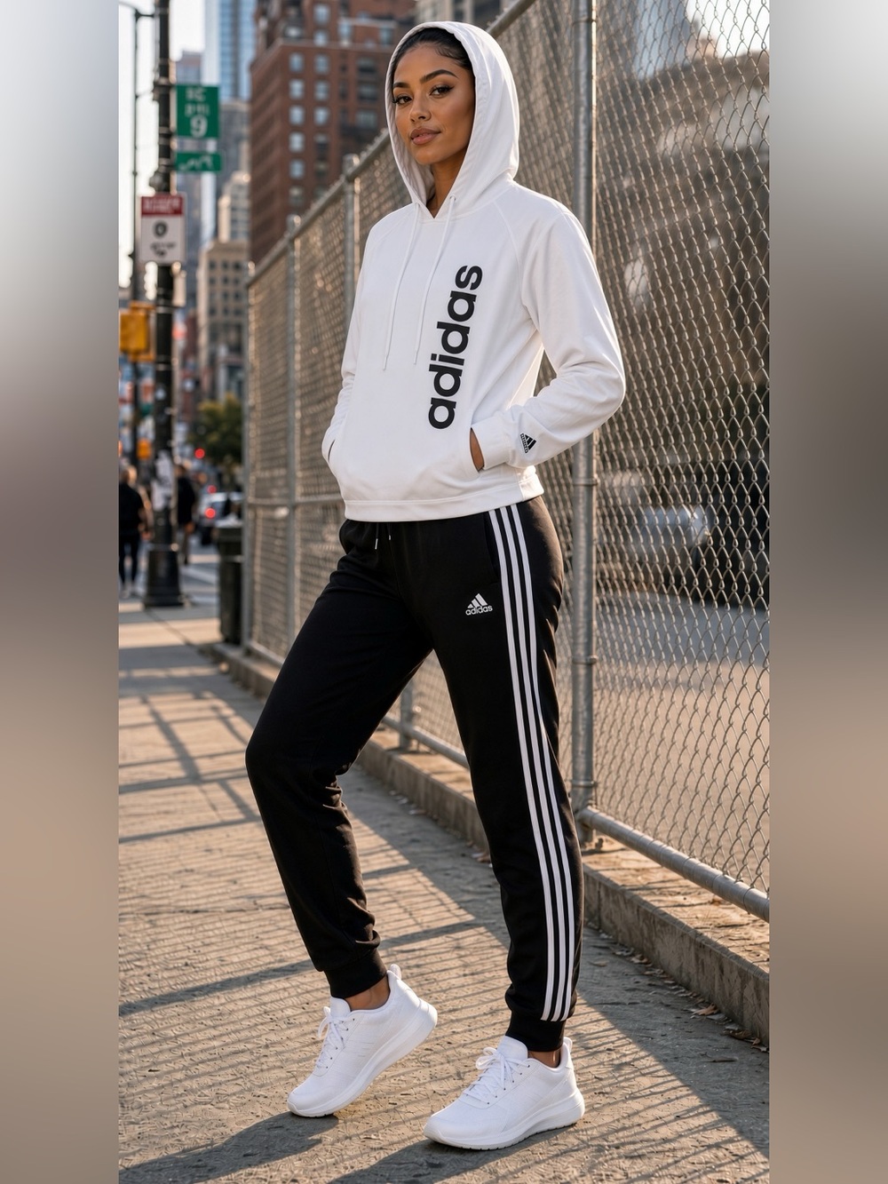 adidas Essentials White / Black Pullover Hoodie / Track Pants 2 Pc Set Wmns L/G